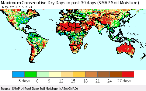 World Maximum Consecutive Dry Days in past 30 days (SMAP Soil Moisture) Thematic Map For 6/1/2023 - 6/5/2023