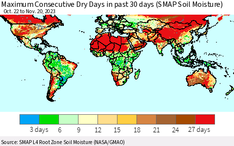 World Maximum Consecutive Dry Days in past 30 days (SMAP Soil Moisture) Thematic Map For 11/16/2023 - 11/20/2023