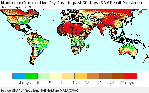 World Maximum Consecutive Dry Days in past 30 days (SMAP Soil Moisture) Thematic Map For 4/1/2024 - 4/5/2024