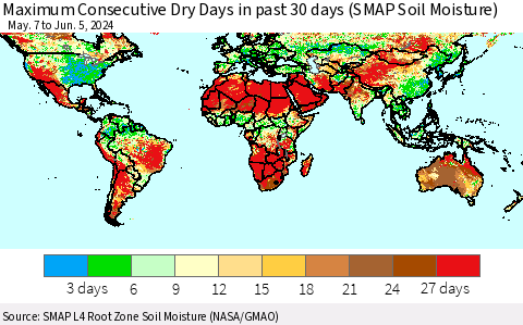 World Maximum Consecutive Dry Days in past 30 days (SMAP Soil Moisture) Thematic Map For 6/1/2024 - 6/5/2024