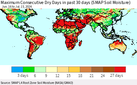World Maximum Consecutive Dry Days in past 30 days (SMAP Soil Moisture) Thematic Map For 7/11/2024 - 7/15/2024