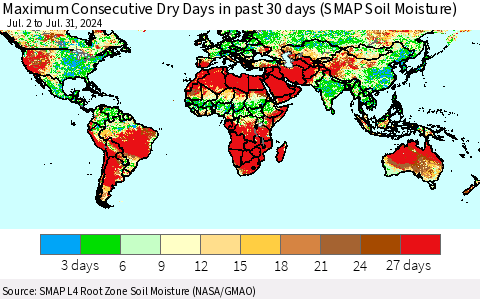 World Maximum Consecutive Dry Days in past 30 days (SMAP Soil Moisture) Thematic Map For 7/26/2024 - 7/31/2024