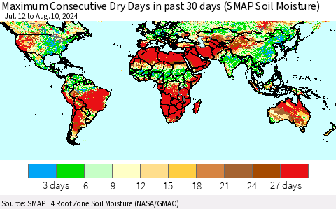 World Maximum Consecutive Dry Days in past 30 days (SMAP Soil Moisture) Thematic Map For 8/6/2024 - 8/10/2024