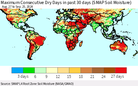 World Maximum Consecutive Dry Days in past 30 days (SMAP Soil Moisture) Thematic Map For 9/21/2024 - 9/25/2024