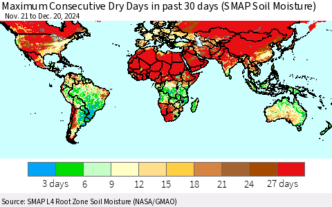 World Maximum Consecutive Dry Days in past 30 days (SMAP Soil Moisture) Thematic Map For 12/16/2024 - 12/20/2024
