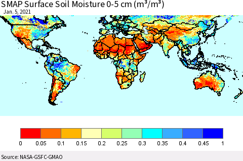 World SMAP Surface (0-5 cm) Soil Moisture (m³/m³) Thematic Map For 1/1/2021 - 1/5/2021