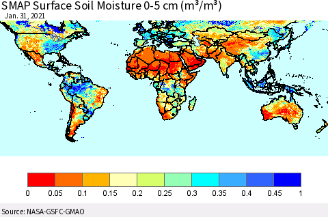 World SMAP Surface (0-5 cm) Soil Moisture (m³/m³) Thematic Map For 1/26/2021 - 1/31/2021