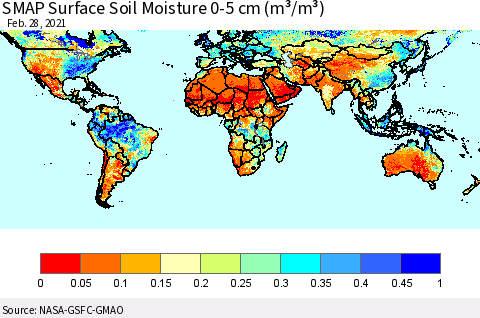 World SMAP Surface (0-5 cm) Soil Moisture (m³/m³) Thematic Map For 2/26/2021 - 2/28/2021