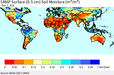 World SMAP Surface (0-5 cm) Soil Moisture (m³/m³) Thematic Map For 3/1/2021 - 3/5/2021