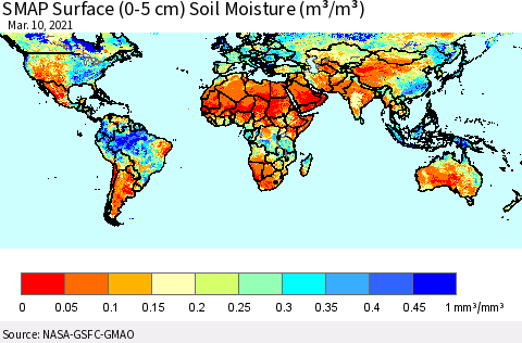 World SMAP Surface (0-5 cm) Soil Moisture (m³/m³) Thematic Map For 3/6/2021 - 3/10/2021