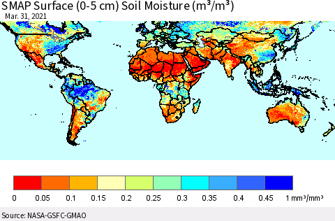 World SMAP Surface (0-5 cm) Soil Moisture (m³/m³) Thematic Map For 3/26/2021 - 3/31/2021