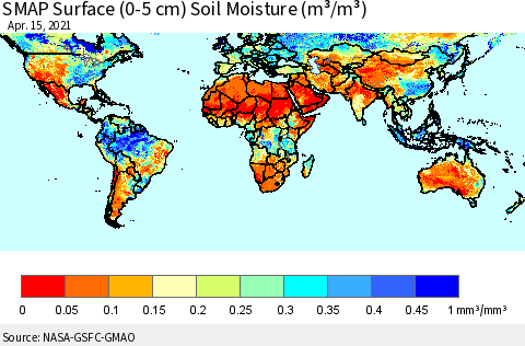 World SMAP Surface (0-5 cm) Soil Moisture (m³/m³) Thematic Map For 4/11/2021 - 4/15/2021