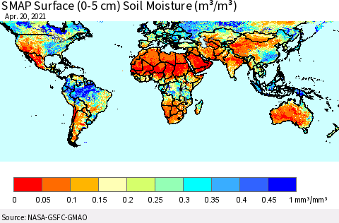 World SMAP Surface (0-5 cm) Soil Moisture (m³/m³) Thematic Map For 4/16/2021 - 4/20/2021