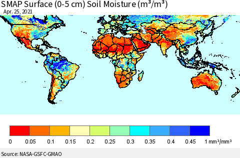 World SMAP Surface (0-5 cm) Soil Moisture (m³/m³) Thematic Map For 4/21/2021 - 4/25/2021