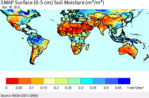 World SMAP Surface (0-5 cm) Soil Moisture (m³/m³) Thematic Map For 4/26/2021 - 4/30/2021