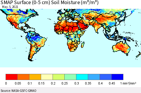 World SMAP Surface (0-5 cm) Soil Moisture (m³/m³) Thematic Map For 5/1/2021 - 5/5/2021