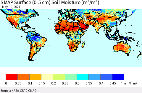 World SMAP Surface (0-5 cm) Soil Moisture (m³/m³) Thematic Map For 5/6/2021 - 5/10/2021