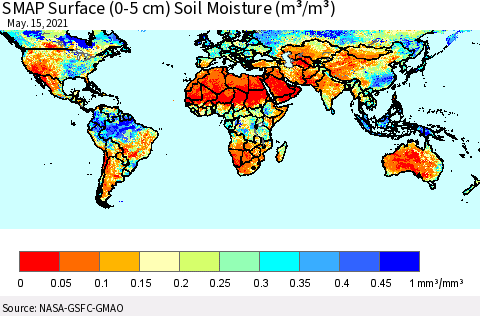 World SMAP Surface (0-5 cm) Soil Moisture (m³/m³) Thematic Map For 5/11/2021 - 5/15/2021
