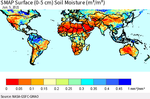 World SMAP Surface (0-5 cm) Soil Moisture (m³/m³) Thematic Map For 6/1/2021 - 6/5/2021