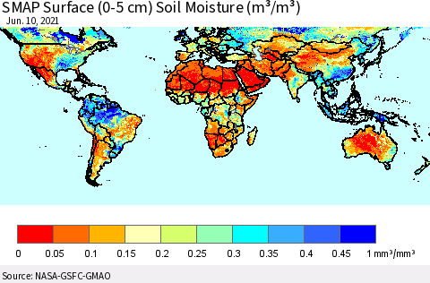 World SMAP Surface (0-5 cm) Soil Moisture (m³/m³) Thematic Map For 6/6/2021 - 6/10/2021