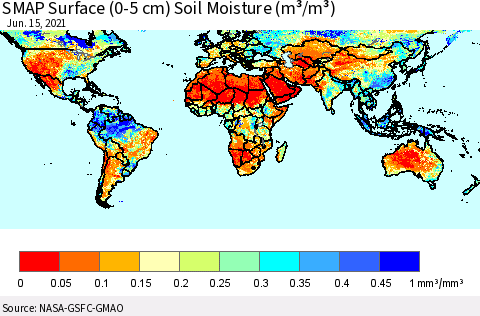 World SMAP Surface (0-5 cm) Soil Moisture (m³/m³) Thematic Map For 6/11/2021 - 6/15/2021