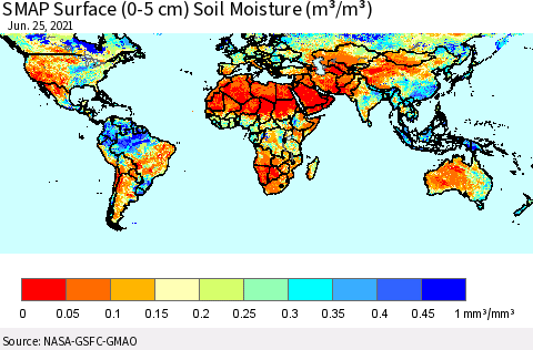 World SMAP Surface (0-5 cm) Soil Moisture (m³/m³) Thematic Map For 6/21/2021 - 6/25/2021