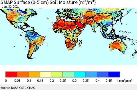World SMAP Surface (0-5 cm) Soil Moisture (m³/m³) Thematic Map For 6/26/2021 - 6/30/2021
