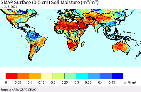 World SMAP Surface (0-5 cm) Soil Moisture (m³/m³) Thematic Map For 7/1/2021 - 7/5/2021