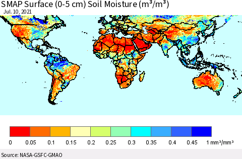 World SMAP Surface (0-5 cm) Soil Moisture (m³/m³) Thematic Map For 7/6/2021 - 7/10/2021