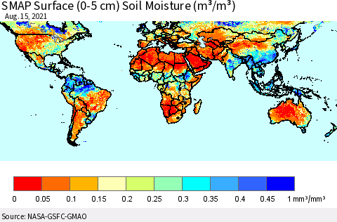 World SMAP Surface (0-5 cm) Soil Moisture (m³/m³) Thematic Map For 8/11/2021 - 8/15/2021