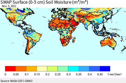 World SMAP Surface (0-5 cm) Soil Moisture (m³/m³) Thematic Map For 11/1/2021 - 11/5/2021
