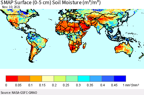 World SMAP Surface (0-5 cm) Soil Moisture (m³/m³) Thematic Map For 11/6/2021 - 11/10/2021