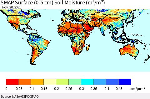 World SMAP Surface (0-5 cm) Soil Moisture (m³/m³) Thematic Map For 11/16/2021 - 11/20/2021