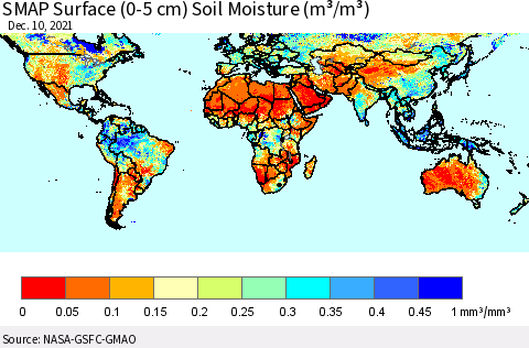 World SMAP Surface (0-5 cm) Soil Moisture (m³/m³) Thematic Map For 12/6/2021 - 12/10/2021