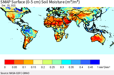 World SMAP Surface (0-5 cm) Soil Moisture (m³/m³) Thematic Map For 12/16/2021 - 12/20/2021