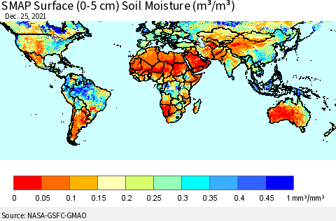 World SMAP Surface (0-5 cm) Soil Moisture (m³/m³) Thematic Map For 12/21/2021 - 12/25/2021