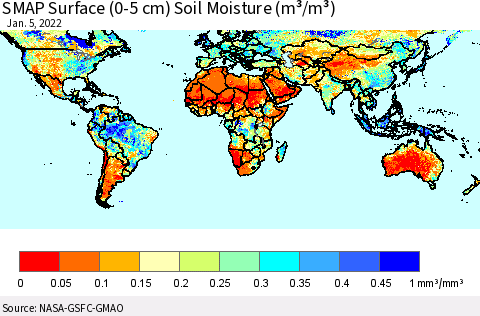 World SMAP Surface (0-5 cm) Soil Moisture (m³/m³) Thematic Map For 1/1/2022 - 1/5/2022
