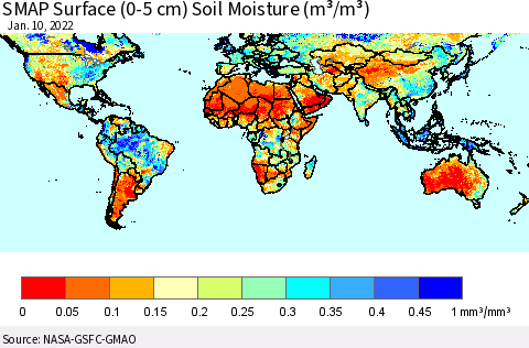 World SMAP Surface (0-5 cm) Soil Moisture (m³/m³) Thematic Map For 1/6/2022 - 1/10/2022