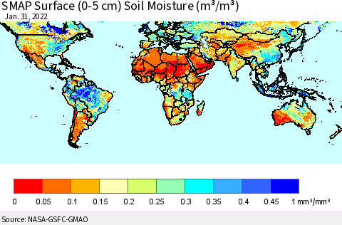 World SMAP Surface (0-5 cm) Soil Moisture (m³/m³) Thematic Map For 1/26/2022 - 1/31/2022