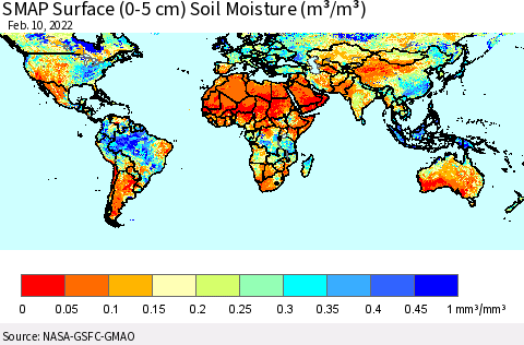 World SMAP Surface (0-5 cm) Soil Moisture (m³/m³) Thematic Map For 2/6/2022 - 2/10/2022