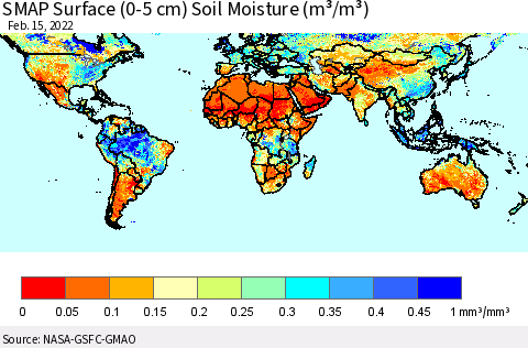 World SMAP Surface (0-5 cm) Soil Moisture (m³/m³) Thematic Map For 2/11/2022 - 2/15/2022
