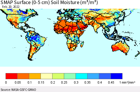 World SMAP Surface (0-5 cm) Soil Moisture (m³/m³) Thematic Map For 2/16/2022 - 2/20/2022