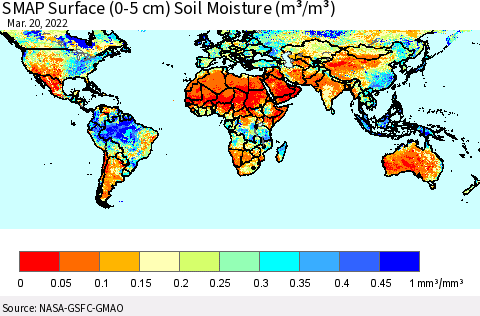 World SMAP Surface (0-5 cm) Soil Moisture (m³/m³) Thematic Map For 3/16/2022 - 3/20/2022