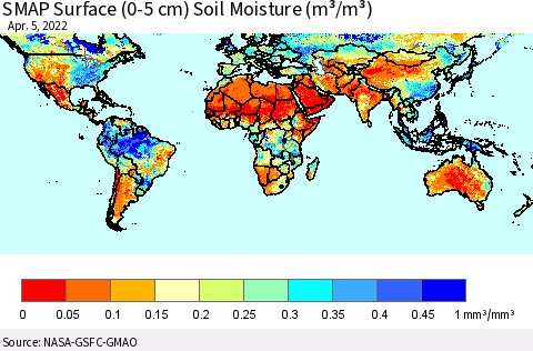 World SMAP Surface (0-5 cm) Soil Moisture (m³/m³) Thematic Map For 4/1/2022 - 4/5/2022