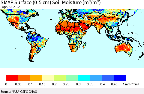 World SMAP Surface (0-5 cm) Soil Moisture (m³/m³) Thematic Map For 4/16/2022 - 4/20/2022