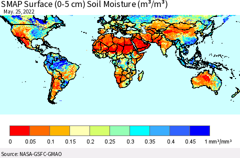 World SMAP Surface (0-5 cm) Soil Moisture (m³/m³) Thematic Map For 5/21/2022 - 5/25/2022