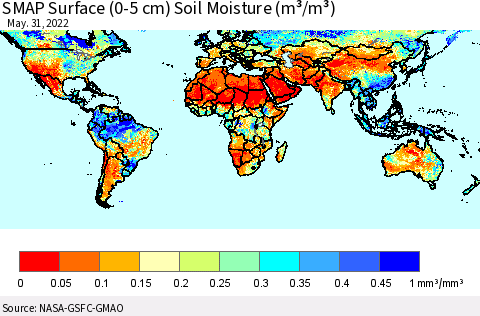 World SMAP Surface (0-5 cm) Soil Moisture (m³/m³) Thematic Map For 5/26/2022 - 5/31/2022
