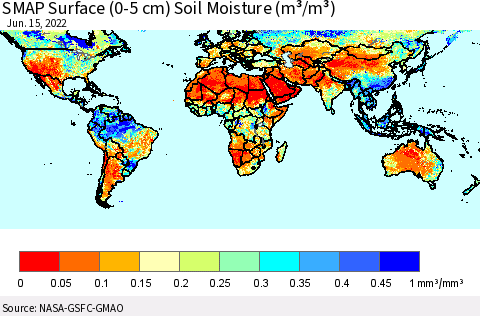 World SMAP Surface (0-5 cm) Soil Moisture (m³/m³) Thematic Map For 6/11/2022 - 6/15/2022