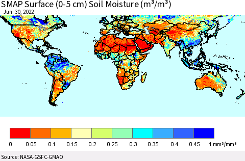 World SMAP Surface (0-5 cm) Soil Moisture (m³/m³) Thematic Map For 6/26/2022 - 6/30/2022