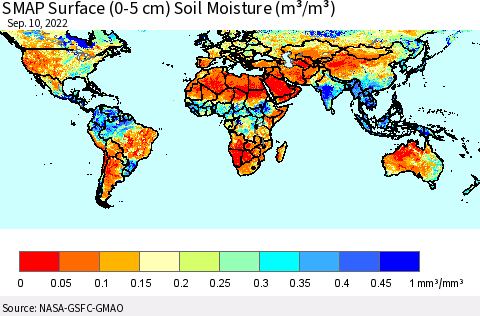 World SMAP Surface (0-5 cm) Soil Moisture (m³/m³) Thematic Map For 9/6/2022 - 9/10/2022